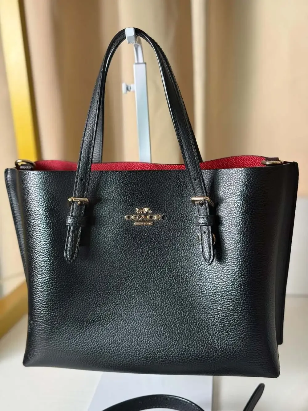 Coach Mollie Tote 25 In Black Leather With True Red Interior